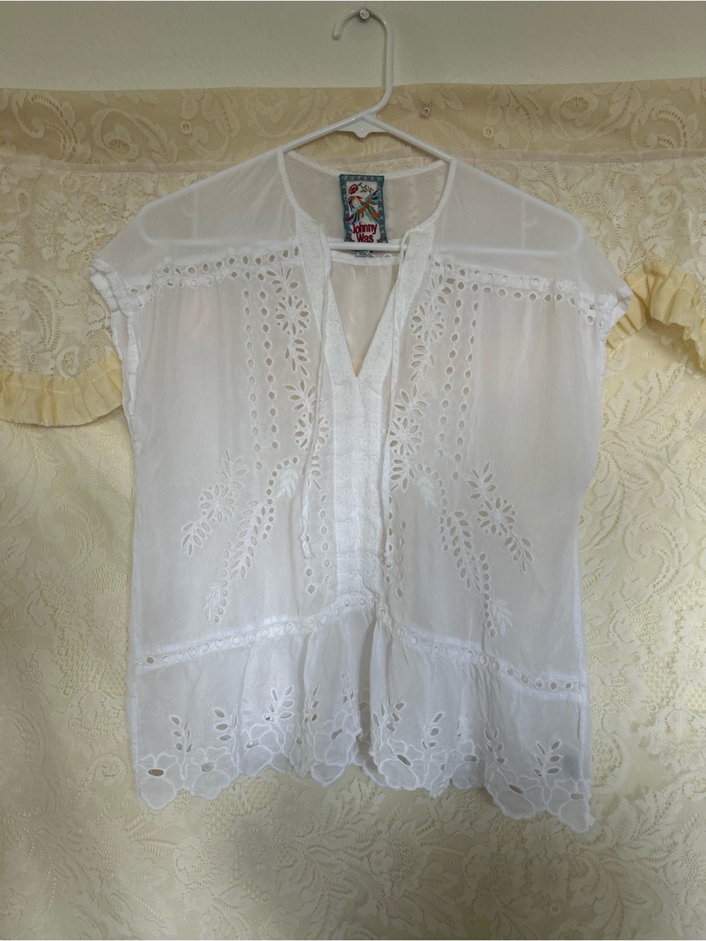 Johnny Was White Eyelet V-Neck Boho Top